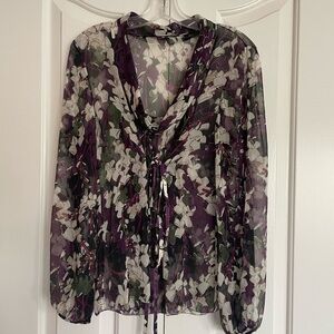 Elie Tahari 💯% Silk floral tie waist blouse Size S M EUC